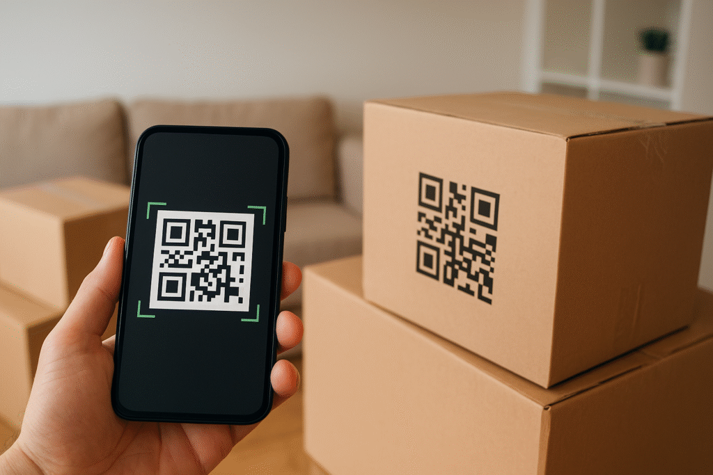 Persona escaneando código QR en caja de mudanza con aplicación móvil de inventario