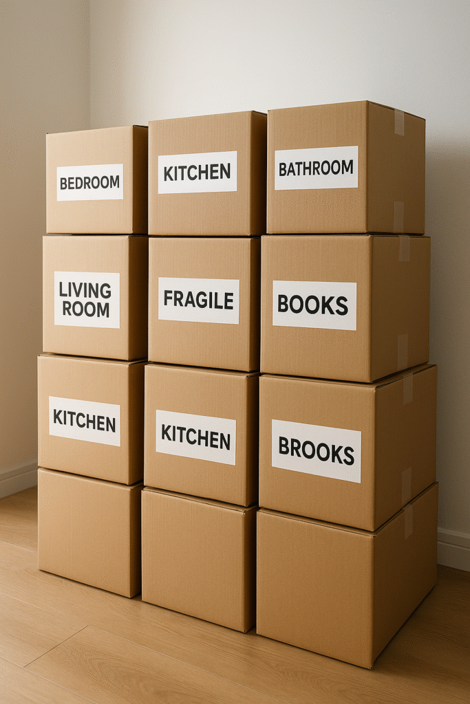 Cajas de cartón para mudanza apiladas y etiquetadas con nombres de habitaciones y contenido, como cocina, dormitorio, baño y libros