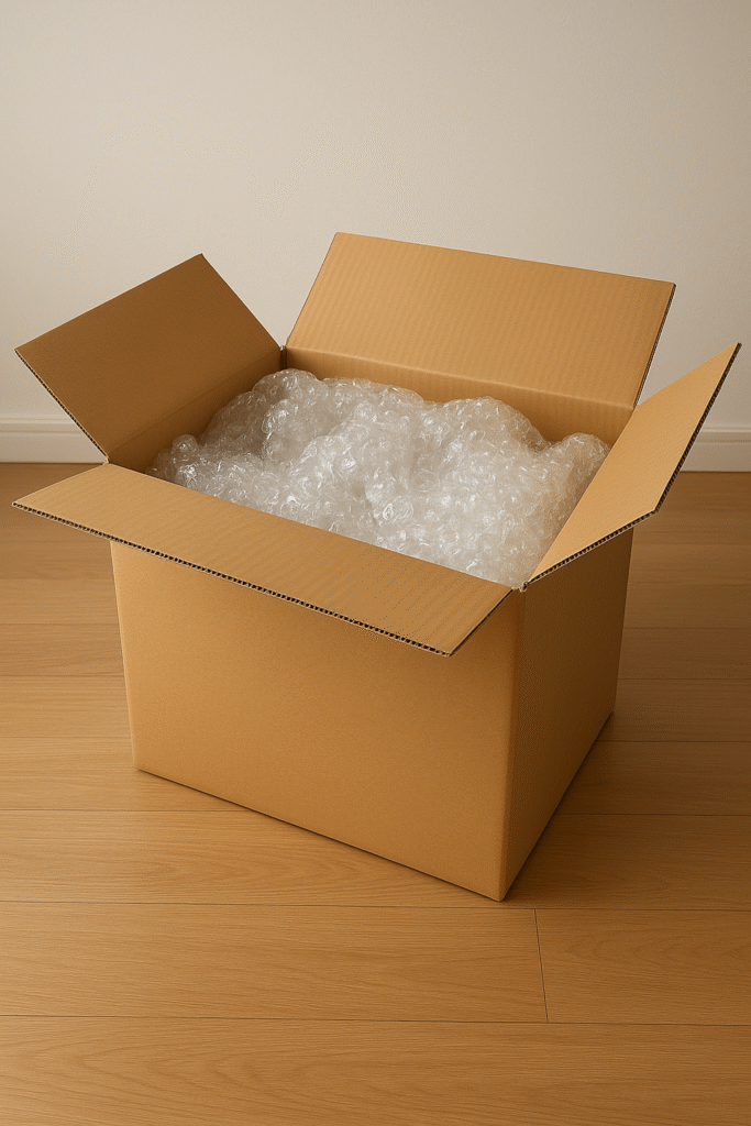 Caja de cartón abierta con relleno de burbuja en su interior para proteger objetos frágiles durante una mudanza