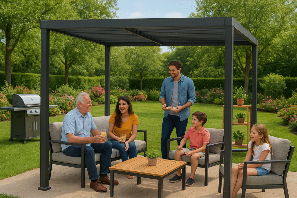 Familia disfrutando de un espacio exterior multifuncional en el jardín con pérgola moderna, muebles cómodos y ambiente social