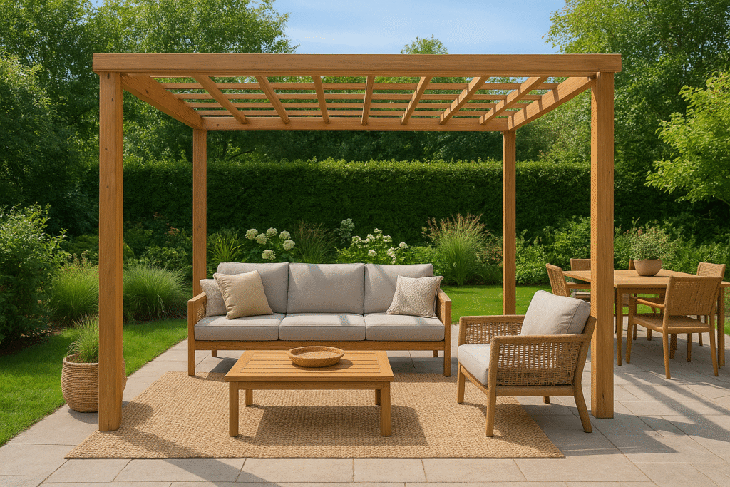 Zona de jardín con pérgola de madera tratada, muebles de fibras naturales y textiles de exterior resistentes y sostenibles