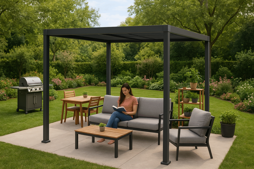 Espacio exterior multifuncional en un jardín con pérgola moderna, muebles de madera y una persona leyendo un libro