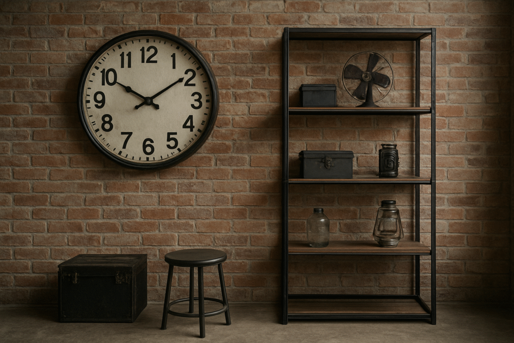Accesorios de decoración industrial con reloj de gran tamaño, estantería metálica y objetos vintage sobre pared de ladrillo visto