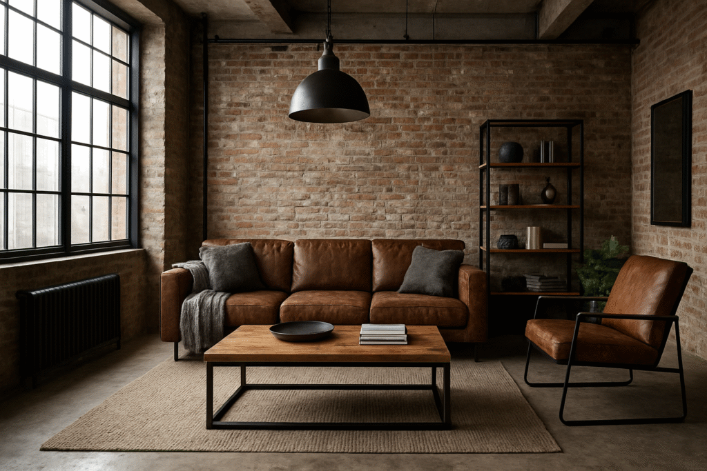 Salón de estilo industrial con pared de ladrillo visto, sofá de cuero marrón, mesa de madera y metal, y ventanales de hierro negro