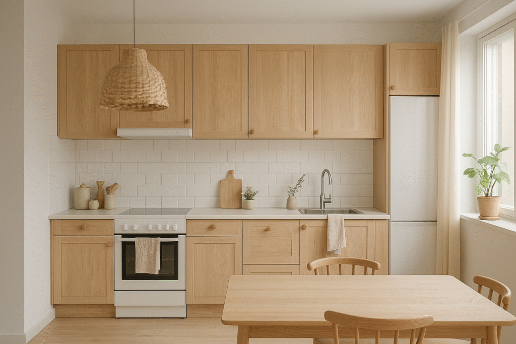 Cocina nórdica con muebles de madera clara, azulejos blancos y comedor integrado