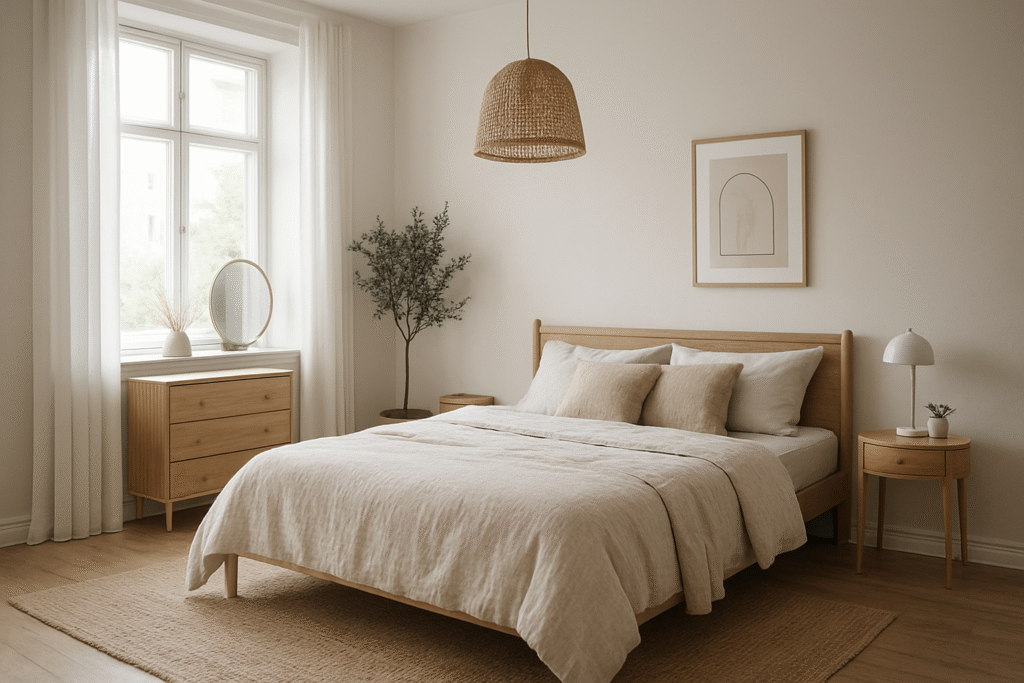 Dormitorio estilo nórdico con cama de madera, ropa de cama beige y decoración natural