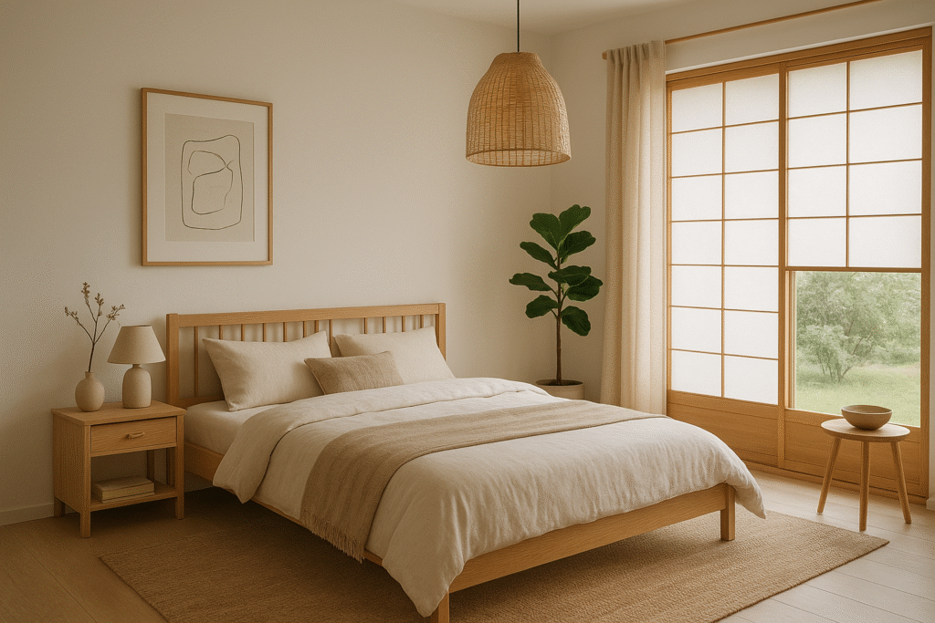 Dormitorio estilo Japandi minimalista con cama de madera, puertas corredizas shoji y decoración natural en tonos neutros