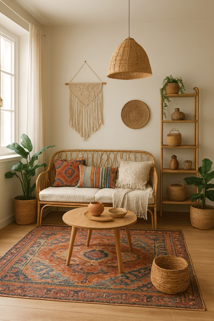 Salón estilo bohemio con sofá de ratán, cojines multicolores, alfombra artesanal, plantas verdes y decoración con macramé en la pared