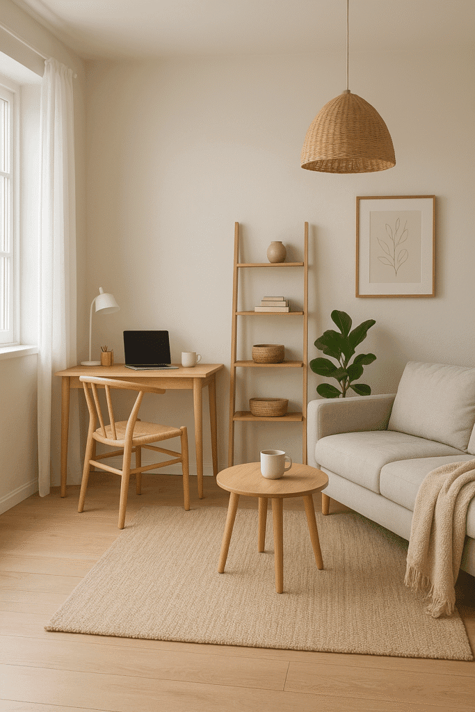 Salón escandinavo con sofá gris, mesa de madera, escritorio minimalista y plantas verdes junto a una ventana con luz natural