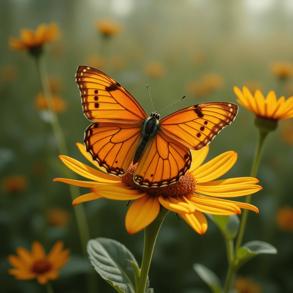 Mariposa naranja sobre girasol en jardín Mariposa naranja posada en girasol en jardín