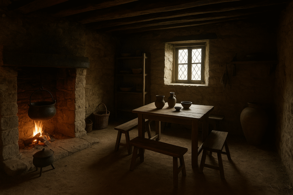 Interior de una vivienda medieval con chimenea de piedra, mesa de madera rústica, bancos y vasijas de barro junto a una ventana pequeña