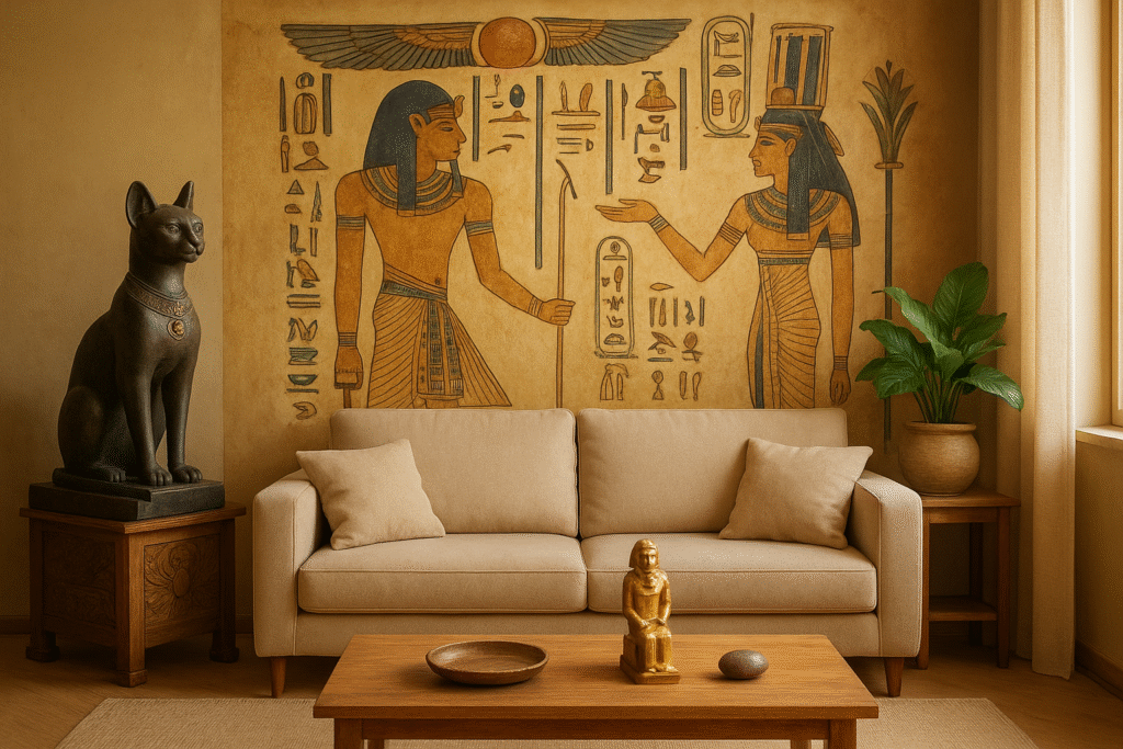 Sala decorada con estilo egipcio, mural con faraón y reina, escultura de gato y estatua dorada sobre mesa de madera