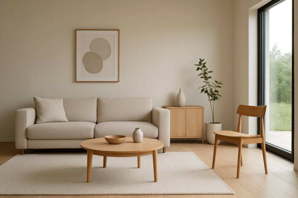 Sala de estar minimalista con sofá beige, mesa de madera y planta decorativa junto a la ventana.