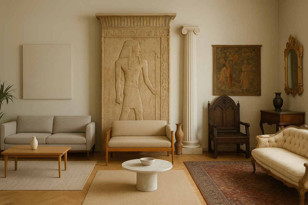 Sala de estar que combina estilos de decoración a lo largo de la historia: minimalista, egipcio, griego, medieval y barroco