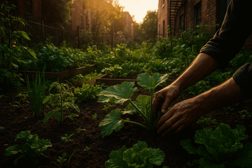 Manos cultivando una planta de calabacín en un huerto urbano entre edificios de ladrillo con luz cálida al atardecer