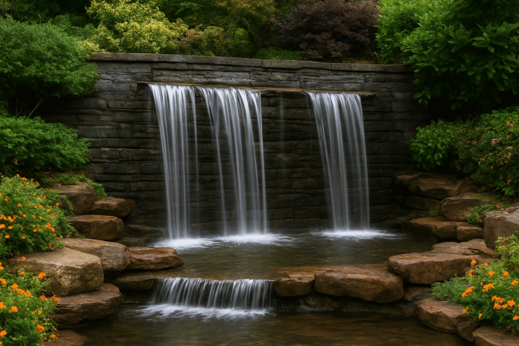 Fuente en cascada con muros de agua rodeada de piedras, flores y vegetación en un jardín natural