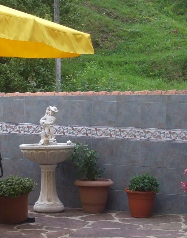 Fuente de estilo clásico en patio con pared de azulejos y plantas en macetas