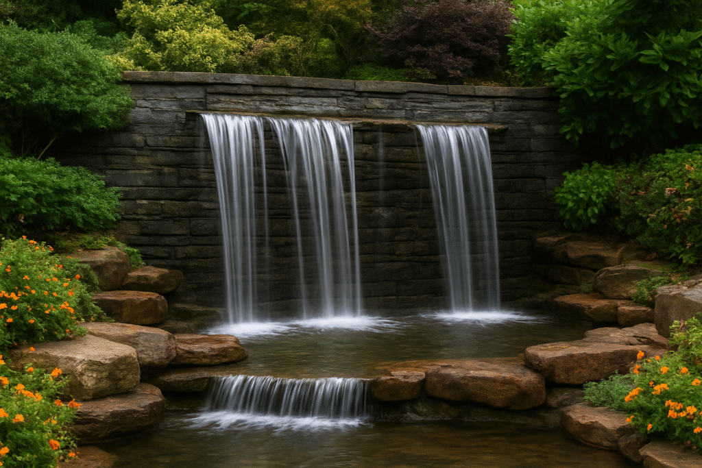 Fuente en cascada con muros de agua rodeada de piedras, flores y vegetación en un jardín natural