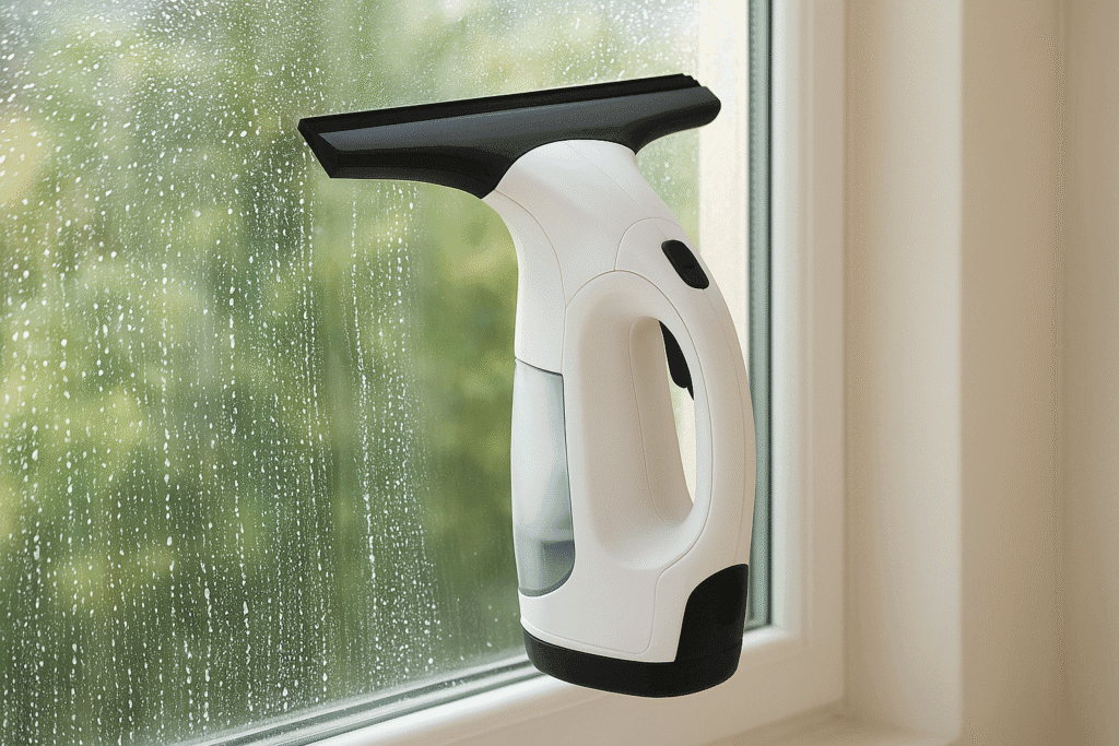 Limpiacristales eléctrico aspirador eliminando agua y dejando la ventana sin marcas