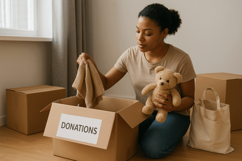 Mujer colocando ropa y un oso de peluche en una caja de donaciones en casa
