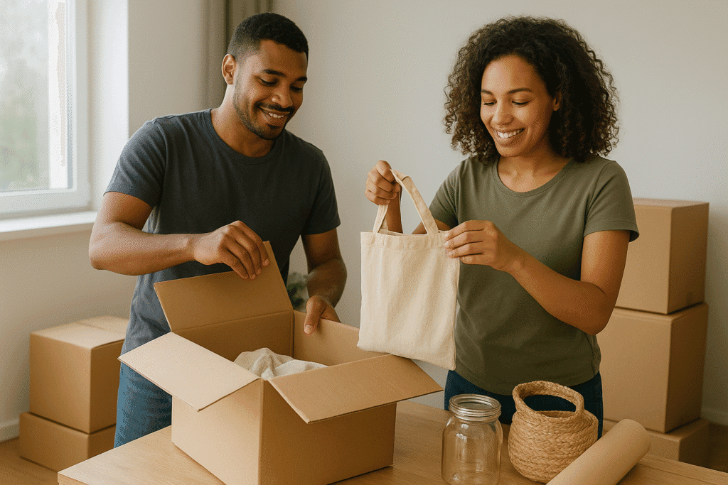 Pareja joven desempaquetando cajas de cartón con bolsas de tela, frascos de vidrio y cestas reutilizables en una mudanza ecológica sin plásticos