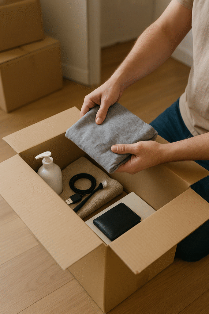 Persona preparando un kit de supervivencia con artículos esenciales dentro de una caja de mudanza