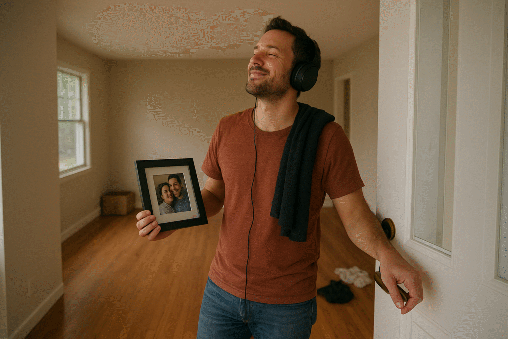 Hombre joven escucha música y sostiene una foto mientras se despide de su casa vacía tras la mudanza
