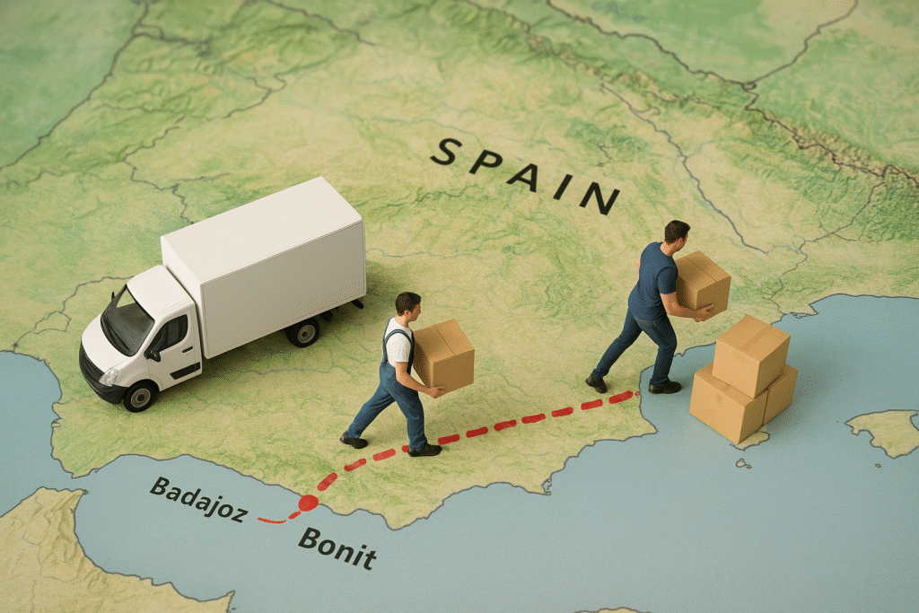 Mapa de España con una ruta marcada mostrando una mudanza nacional entre dos ciudades españolas