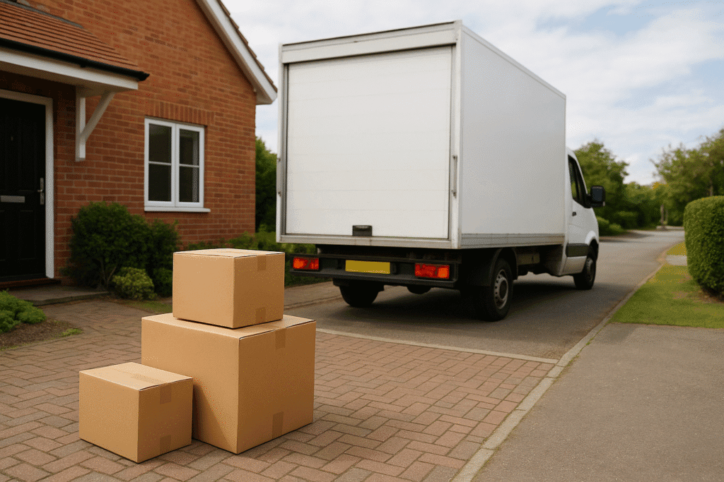 Camión de mudanzas saliendo de casa | Transporte de mudanzas profesionales Camión de mudanzas blanco alejándose de una casa con cajas de cartón en la entrada