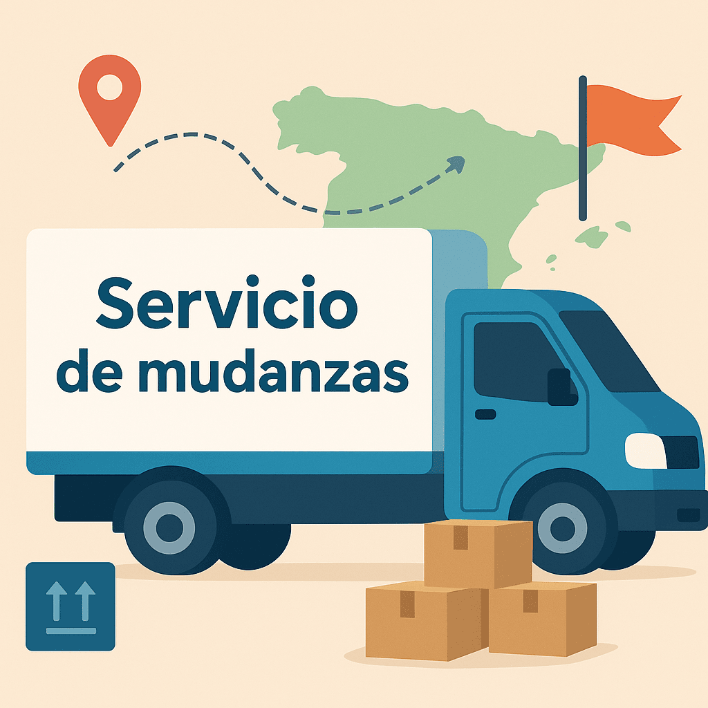 Servicio de Mudanzas Profesionales | Transporte y Embalaje Seguro Camión de mudanzas con cajas de cartón y mapa, servicio de transporte y embalaje seguro