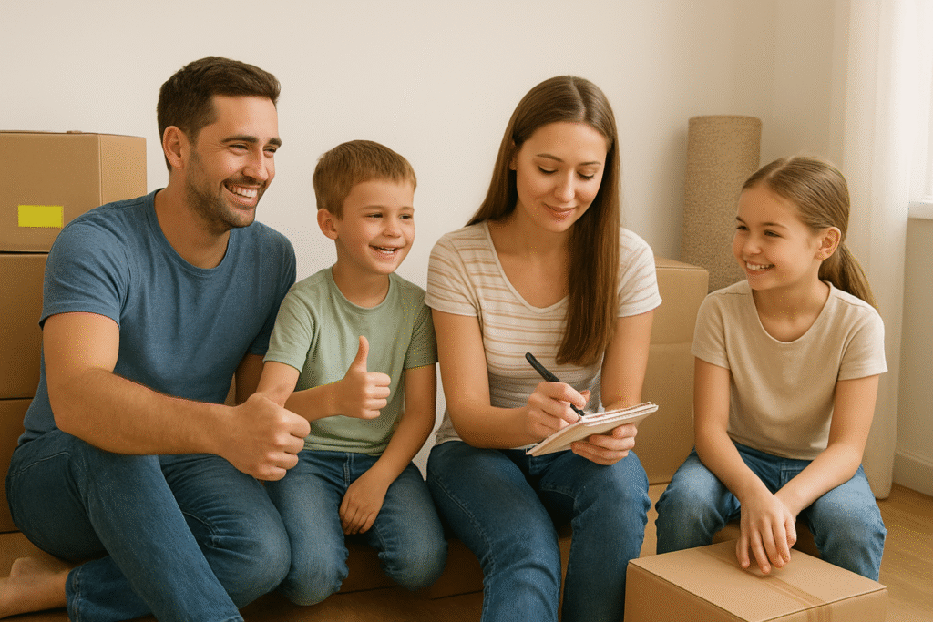 Familia feliz organizando una mudanza con cajas y lista de planificación, mostrando trabajo en equipo