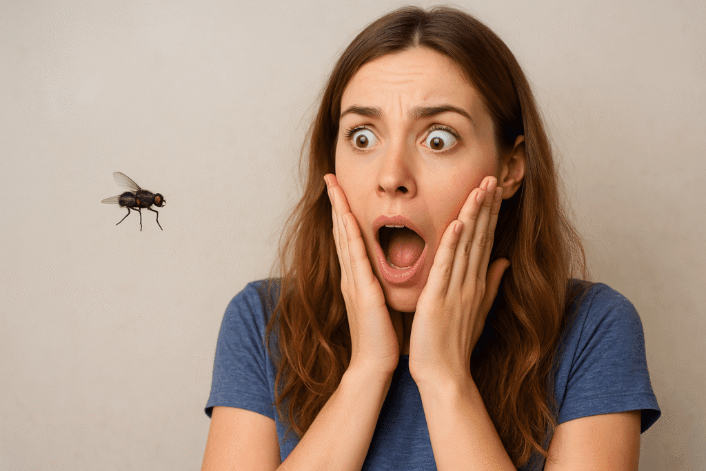 Mujer joven con expresión de sorpresa al ver una mosca grande volando frente a su rostro
