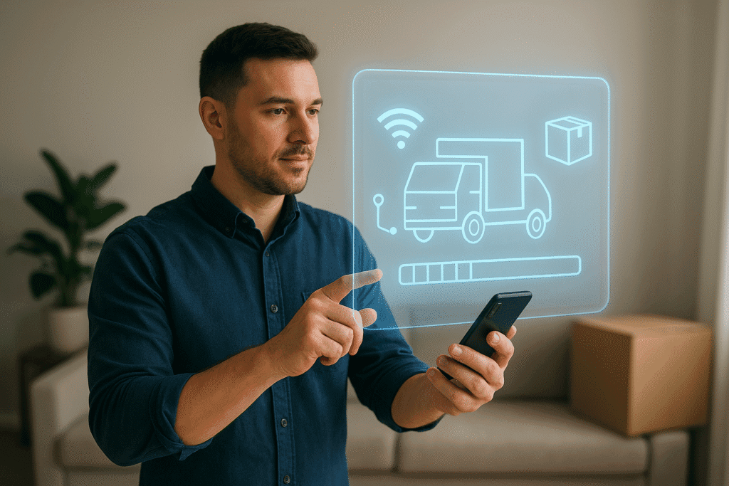 Hombre utilizando smartphone con interfaz holográfica de mudanza digital y logística inteligente