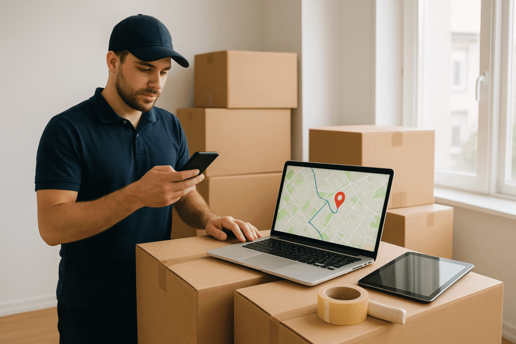 Trabajador de mudanzas utilizando smartphone, laptop con mapa y tablet para organizar y rastrear envíos