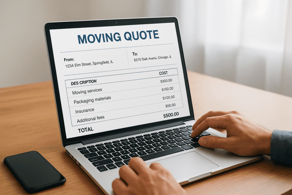 Persona revisando presupuesto online de mudanza en laptop con detalle de servicios y costos