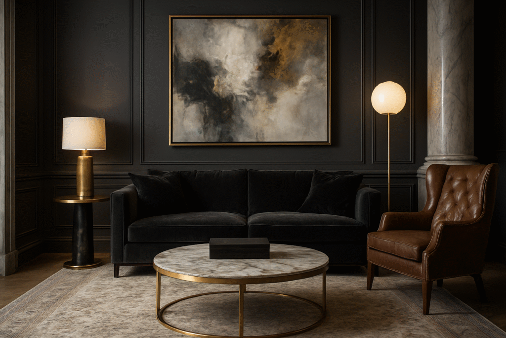 Salón elegante con sofá de terciopelo negro, mesa de mármol, sillón de cuero y lámparas de diseño moderno