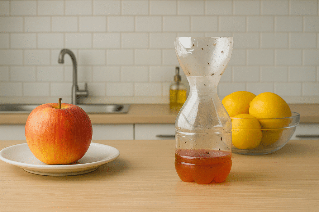 Trampa casera hecha con una botella de plástico y vinagre para atrapar moscas de la fruta en la cocina