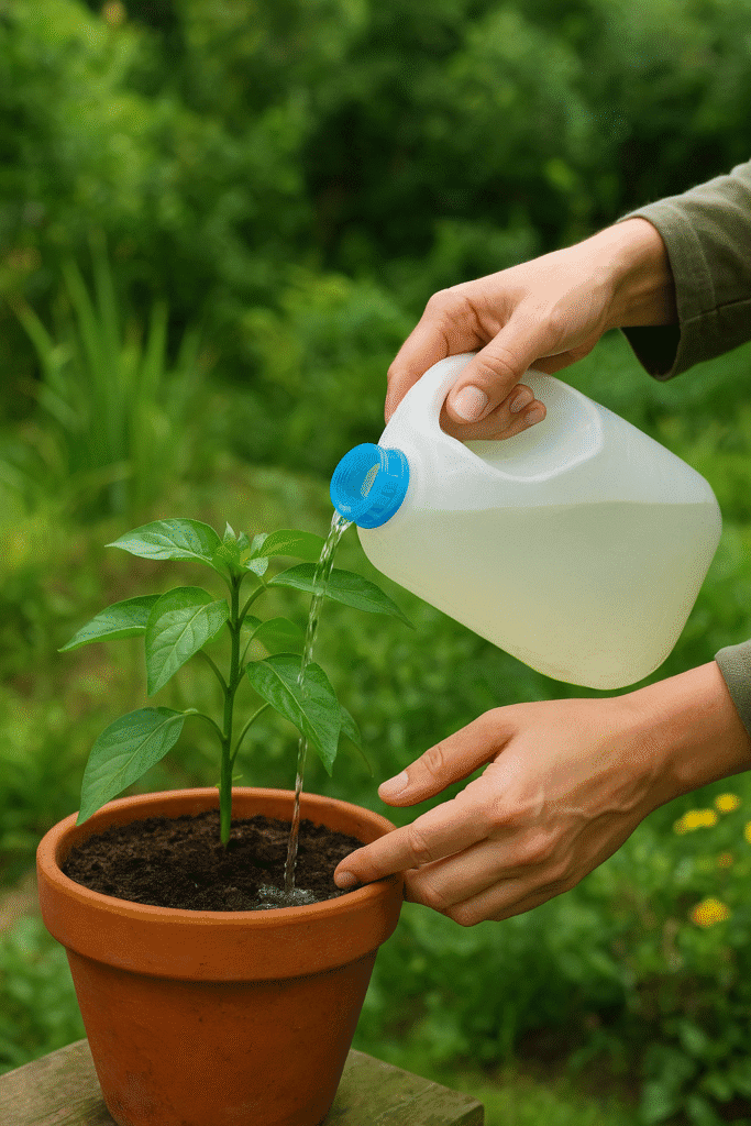 Cómo regar una planta en maceta de forma correcta Persona regando una planta en maceta con agua usando un recipiente reciclado