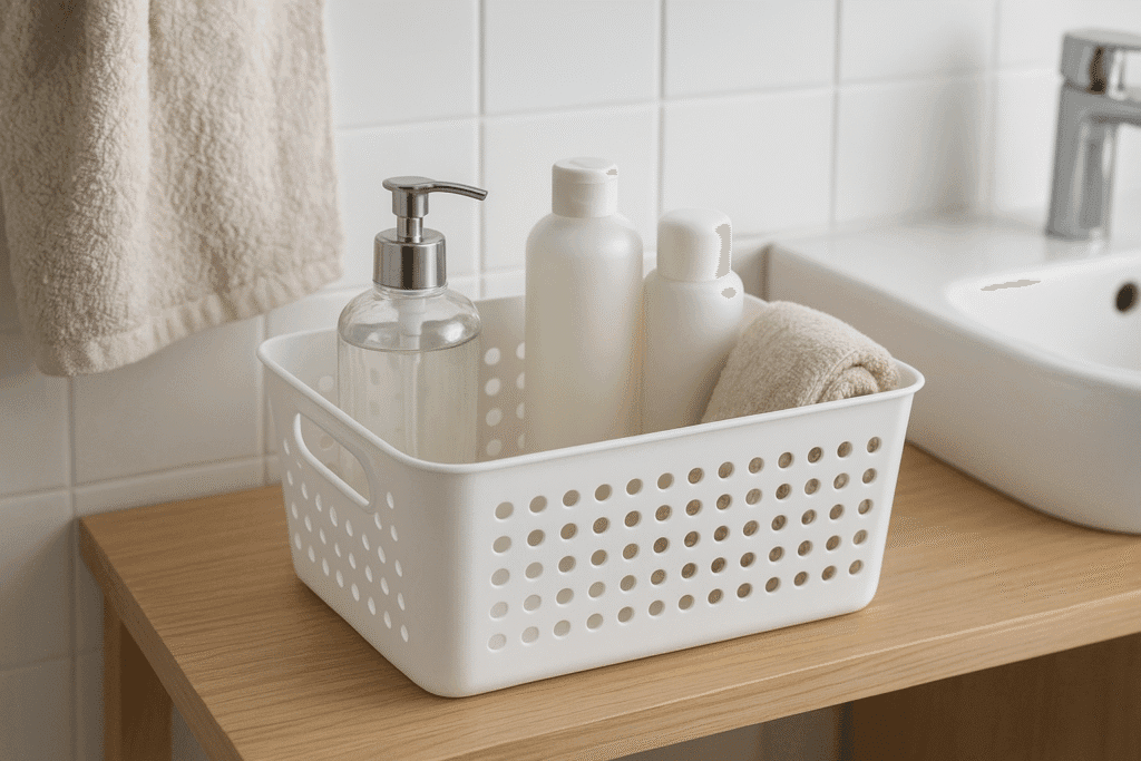Cesta organizadora plástica blanca para baño Cesta organizadora blanca de plástico sobre mueble de baño con botellas y toalla, ideal para Consejos de uso de productos de casa y jardín