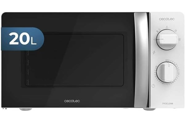 Microondas Cecotec ProClean 20L – Potente, compacto y fácil de usar con diseño moderno en blanco y negro Microondas Cecotec ProClean de 20 litros en color blanco y negro con mandos giratorios y diseño moderno