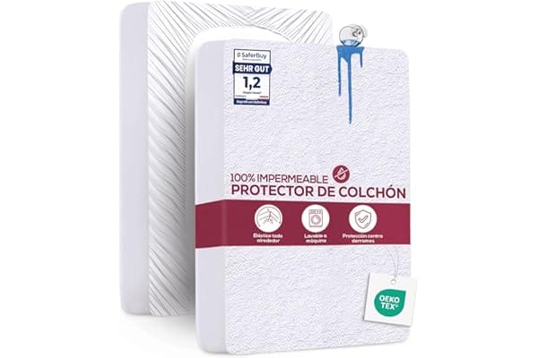Protector de colchón impermeable Saferest 100% transpirable y ajustable – Protección antiácaros y certificación OEKO-TEX Protector de colchón 100% impermeable color blanco con certificación OEKO-TEX, lavable a máquina, transpirable y con ajuste elástico en todo el borde